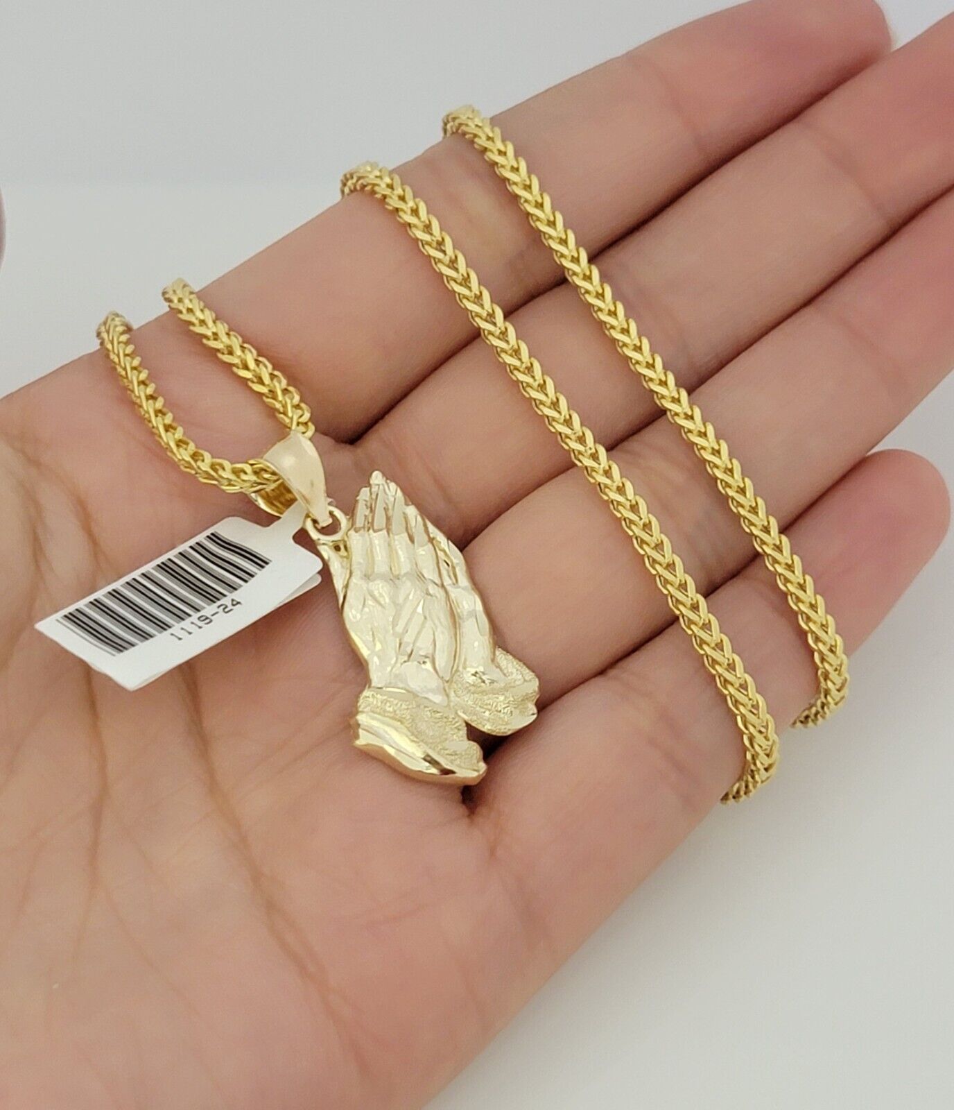 Real 10k Gold Franco Chain Praying Hand Charm pendant Set 2.5mm Necklace 22 Inch