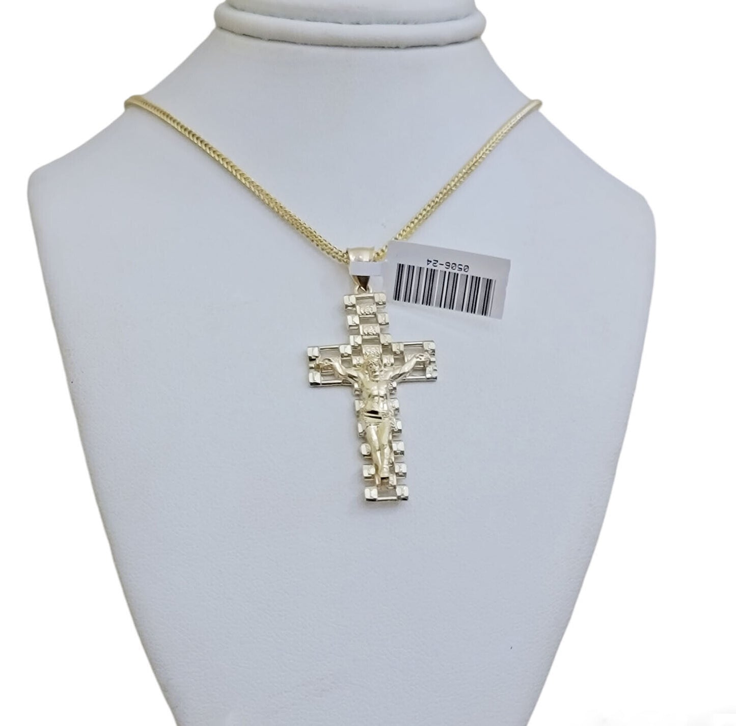 Real 10k Gold Franco Chain Cross Charm SET 24 Inch 2mm Necklace Jesus Pendant