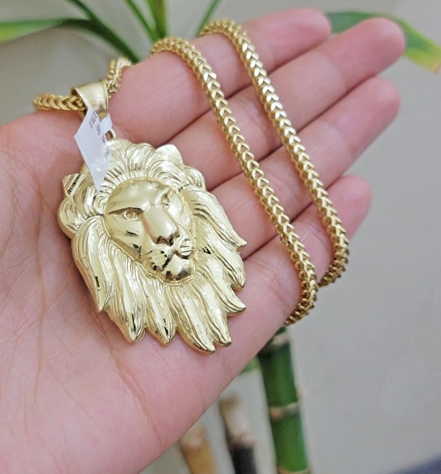 REAL 10k Gold Franco Necklace Charm Lion Head Pendant SET 20 - 26 Inch 3mm Chain