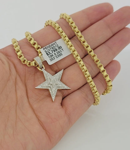 10k Gold Byzantine Chain Necklace Diamond Star charm Pendant SET REAL 10kt Men's