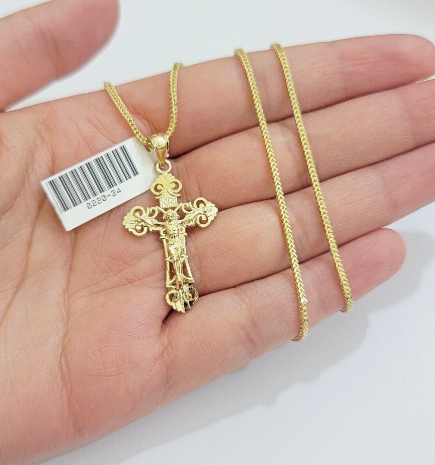 Real 10k Gold Franco Chain Jesus Cross Charm Pendant Necklace SET Men Women