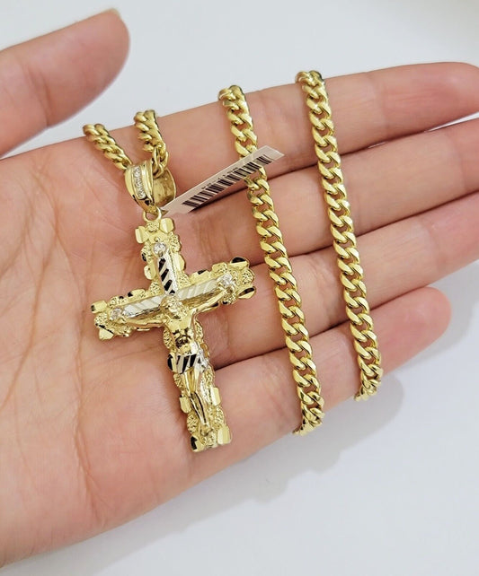 Real 10k Gold Cross Pendant Necklace 26 Inch SET Chain 5mm Miami Cuban Link 10KT