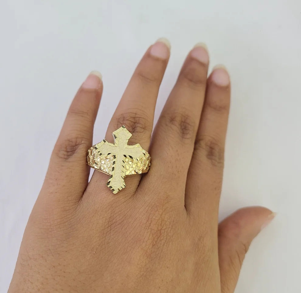 10k Jesus Cross Nugget Ring Casual Band Yellow Gold Genuine Brand New Religious