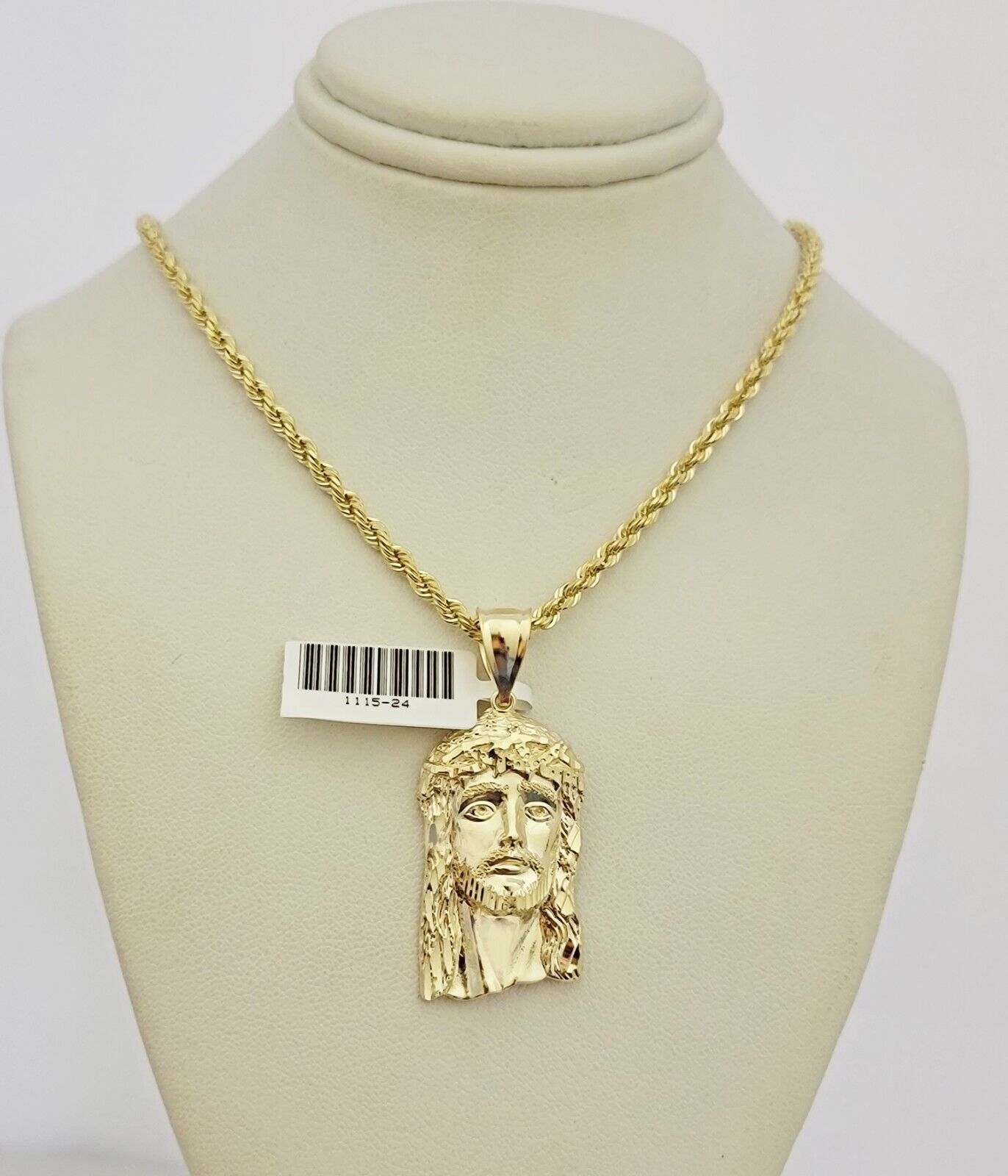 Real 10k Gold Rope Chain Jesus Face Charm Pendant Set 3mm Necklace 18"-26" SOLID