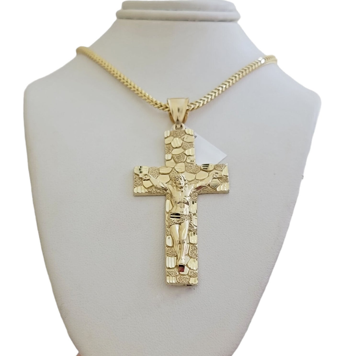 REAL 10k Gold Franco Necklace Nugget Charm Cross Pendant SET 26 Inch 3mm Chain