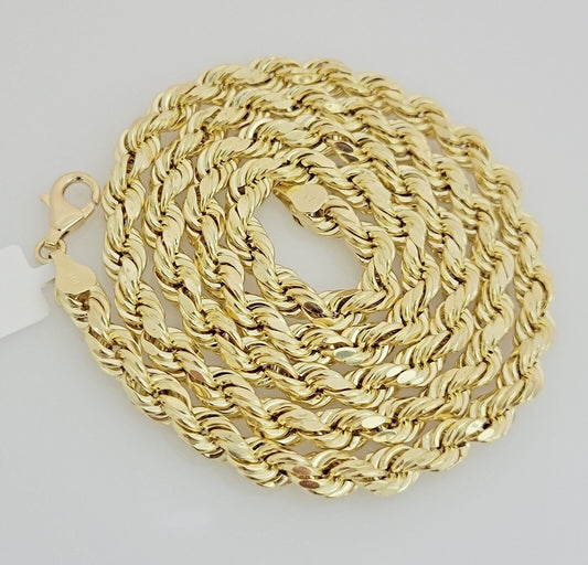 10K Yellow Gold Rope Chain Necklace 7mm 26 Inch REAL 10kt Diamond Cuts, Men's