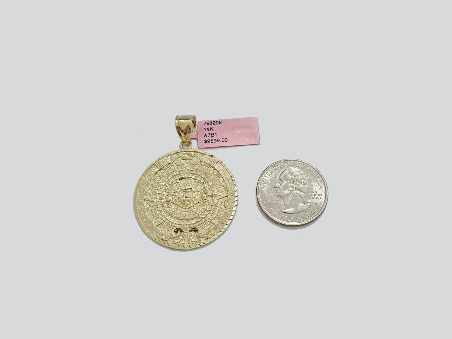 Real 14K Yellow Gold Aztec Calendar Charm Solid Pendant For Chain 14KT Necklace