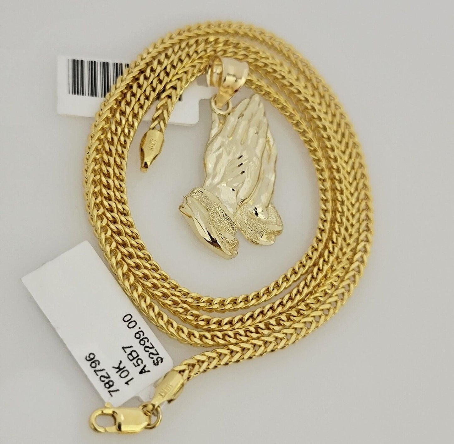 Real 10k Gold Franco Chain Praying Hand Charm pendant Set 2.5mm Necklace 22 Inch