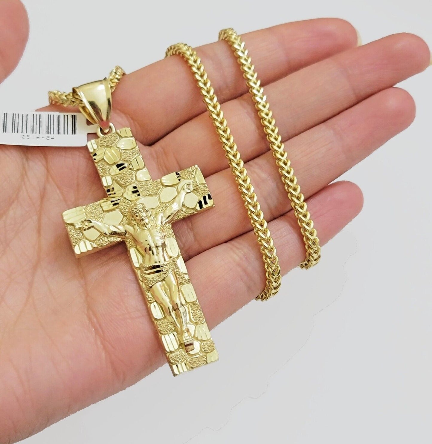 REAL 10k Gold Franco Necklace Nugget Charm Cross Pendant SET 22 Inch 3mm Chain