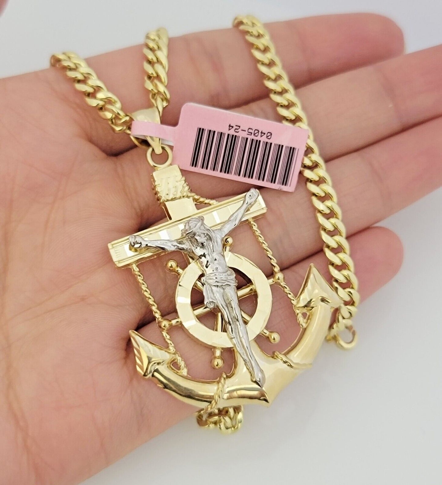 Real 14k Gold Necklace Anchor Charm Pendant SET Miami Cuban Link Chain 5mm 22"