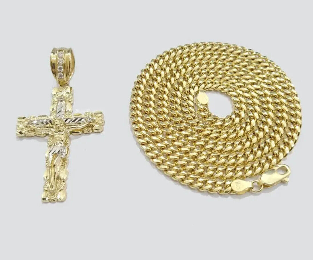 Real 10k Gold Cross Charm pendant Necklace SET 5mm Miami Cuban Link chain 18-28"