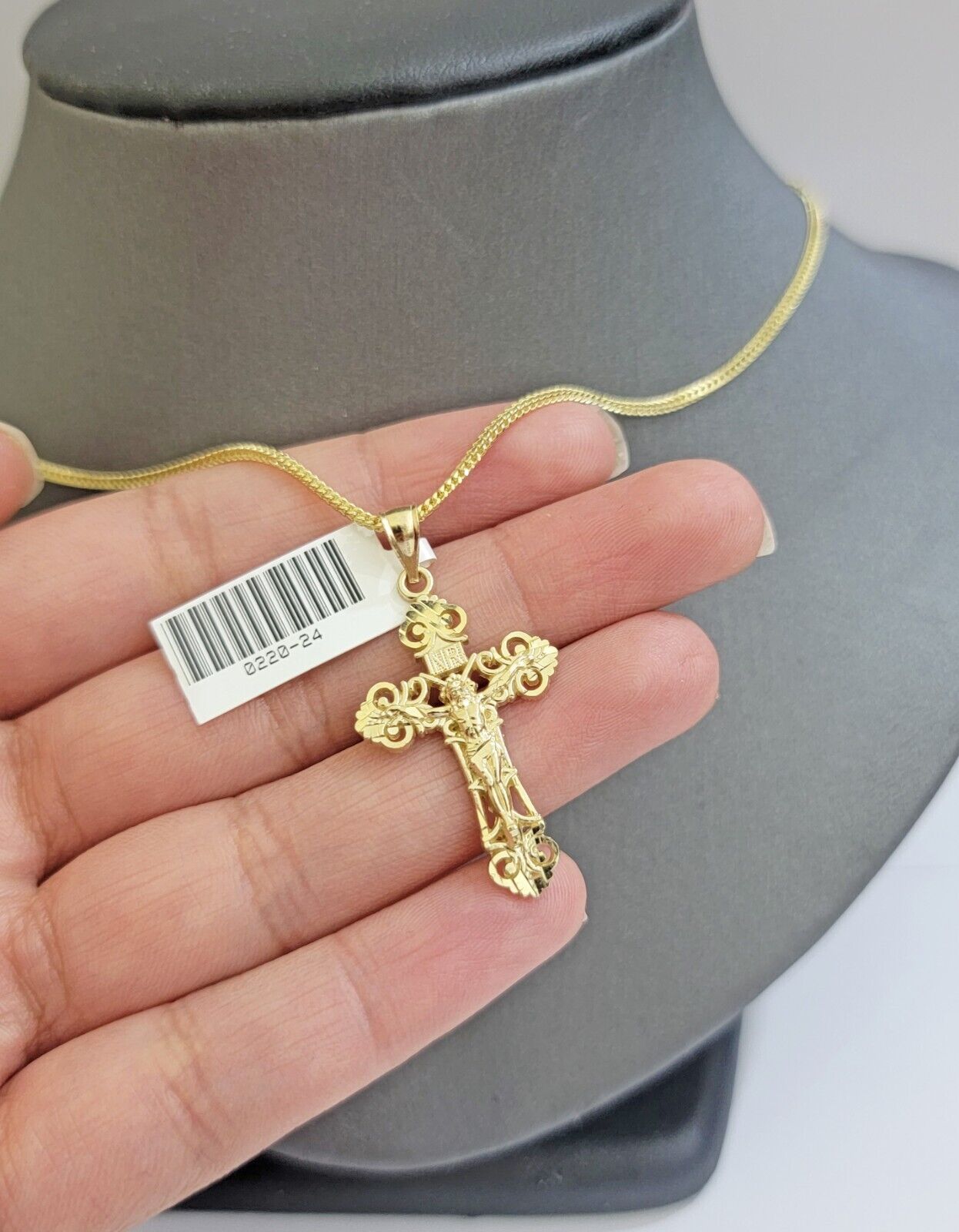 Real 10k Gold Franco Chain Jesus Cross Charm Pendant Necklace SET Men Women