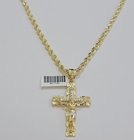 Real 10k Gold Rope Chain Jesus Cross Charm SET 4mm 24'' Necklace & Pendant Men's