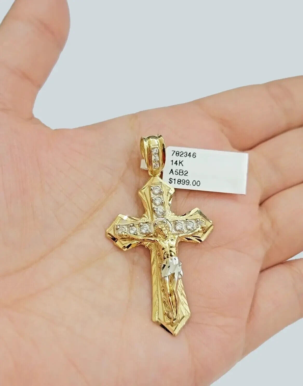 Real 14k Yellow Gold Cross Charm Pendant 14kt Jesus Crucifix With Stone For Mens