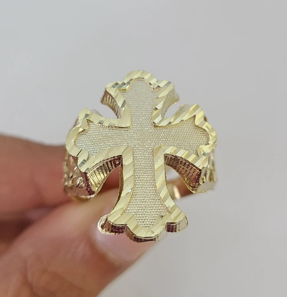 10k Jesus Cross Nugget Ring Casual Band Yellow Gold Genuine Brand New Religious