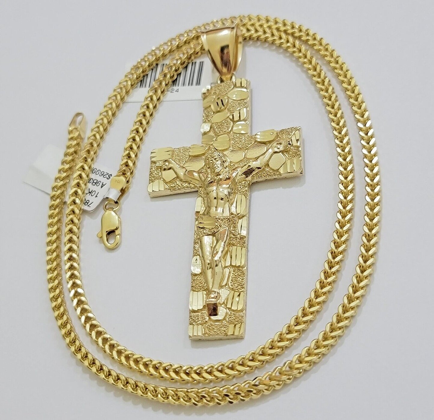 REAL 10k Gold Franco Necklace Nugget Cross Pendant SET 24 Inch 3mm Chain & Charm