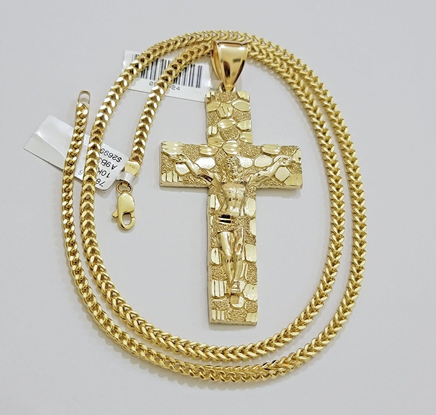 REAL 10k Gold Franco Necklace Nugget Cross Pendant SET 20" Inch 3mm Chain