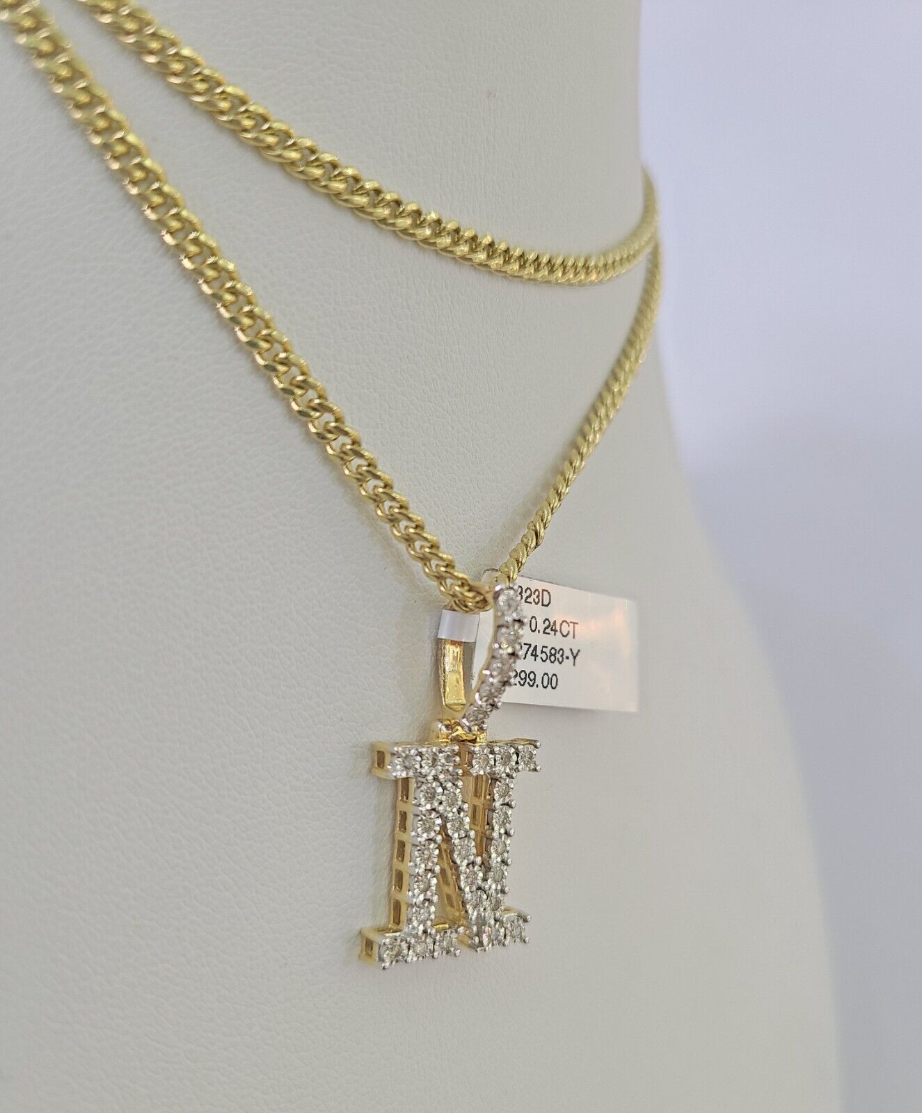 Real 10k Gold Necklace Chain Diamond N Alphabet Charm SET 3mm Miami Cuban Link