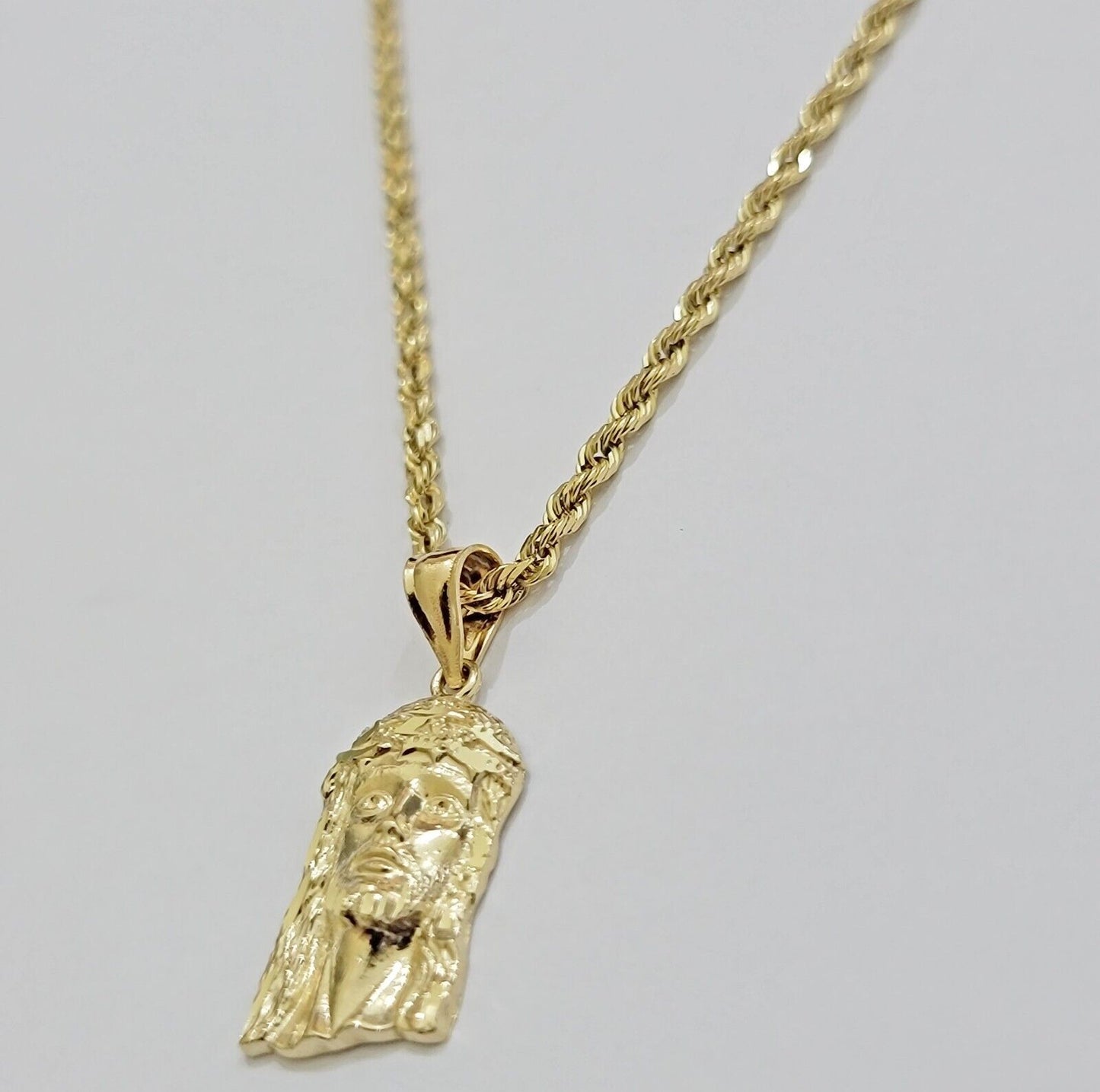 REAL 10k Gold Pendant & Solid Rope Chain Necklace 18" - 24 Inch Jesus Face Charm