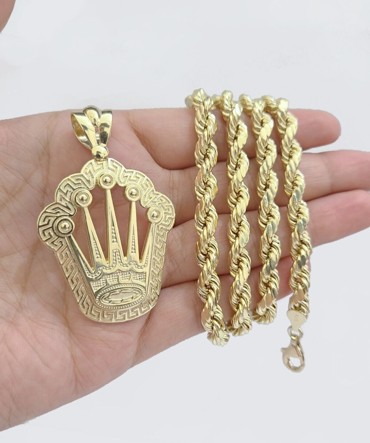 10k Yellow Gold Crown Charm Rope Chain 7mm 22'' Necklace Pendant 10kt Real SALE