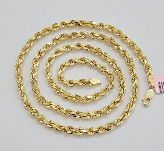 14k Yellow Gold Rope Chain Necklace 20 Inch 4mm Diamond Cut, Real 14kt SOLID