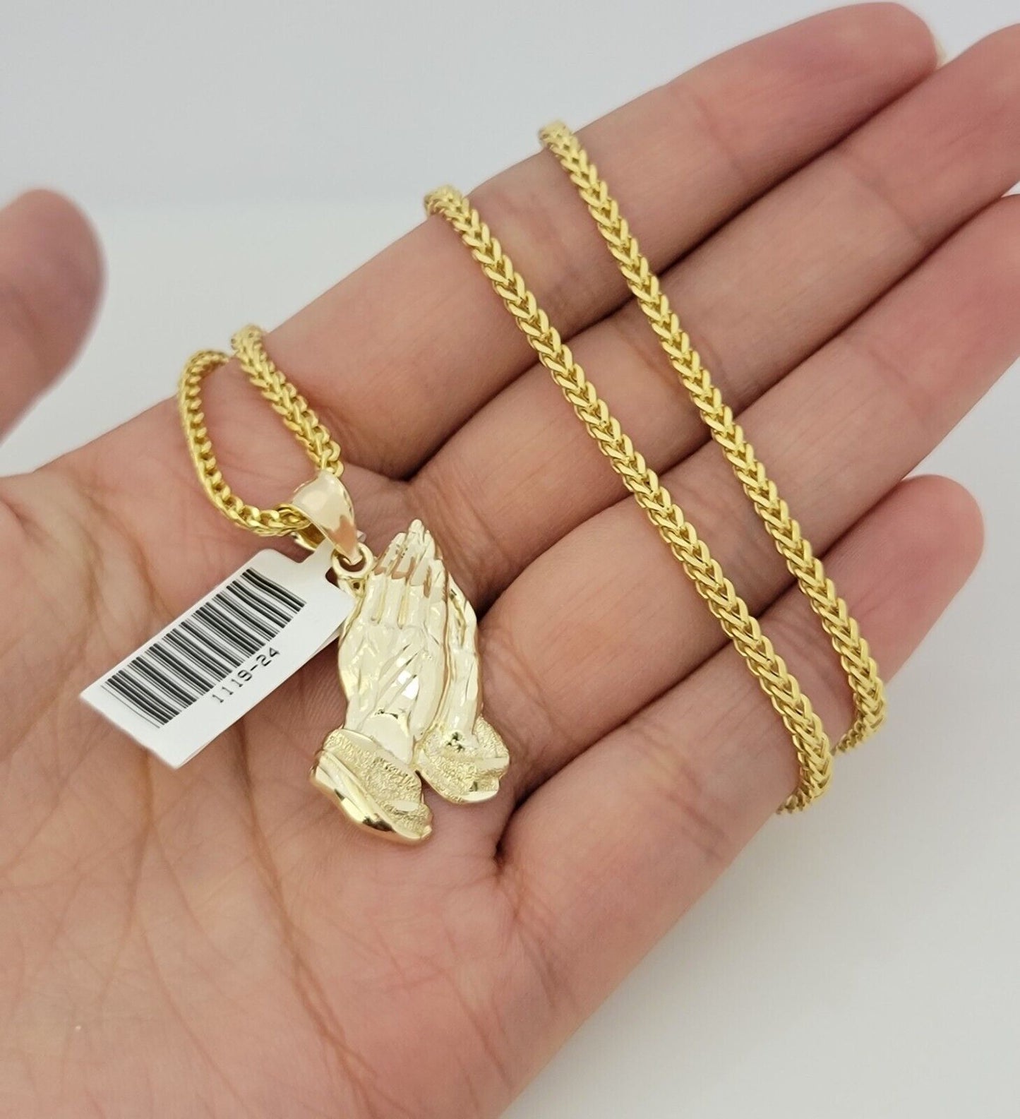 Real 10k Gold Chain Pendant SET Franco Necklace Praying Hand Charm 2.5mm 18"-24"