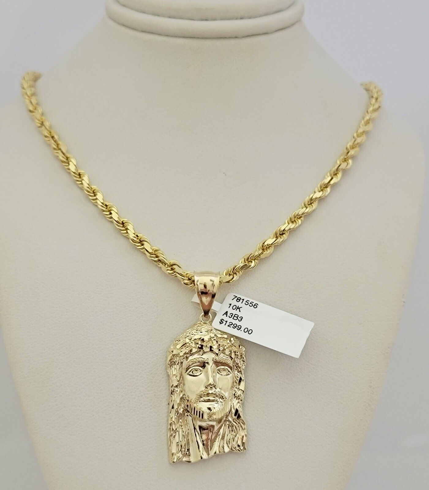 Real 10k Gold Chain Pendant SET Jesus Face Charm Solid Rope Necklace 4mm 24 Inch