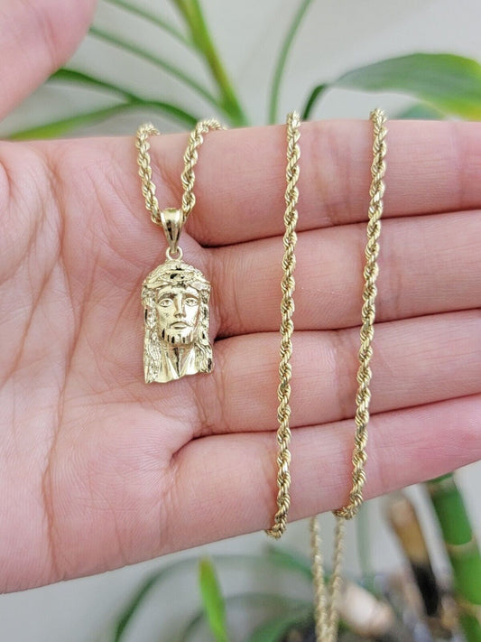 REAL 10k Gold Pendant & Solid Rope Chain Necklace 18" - 24 Inch Jesus Face Charm