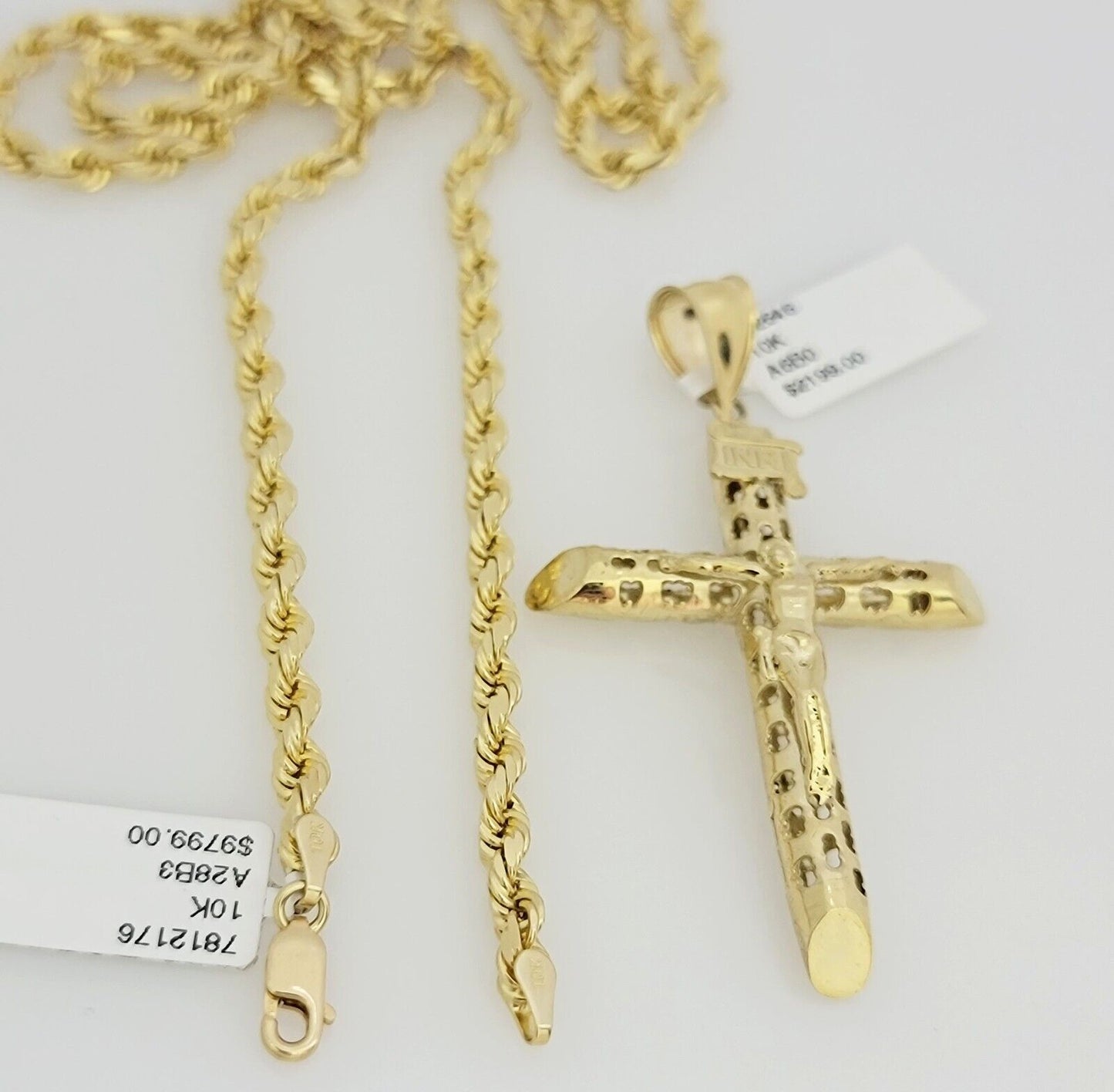 Real 10k Gold Chain Pendant SET Jesus Cross Charm Solid Rope Necklace 4mm 20-28"