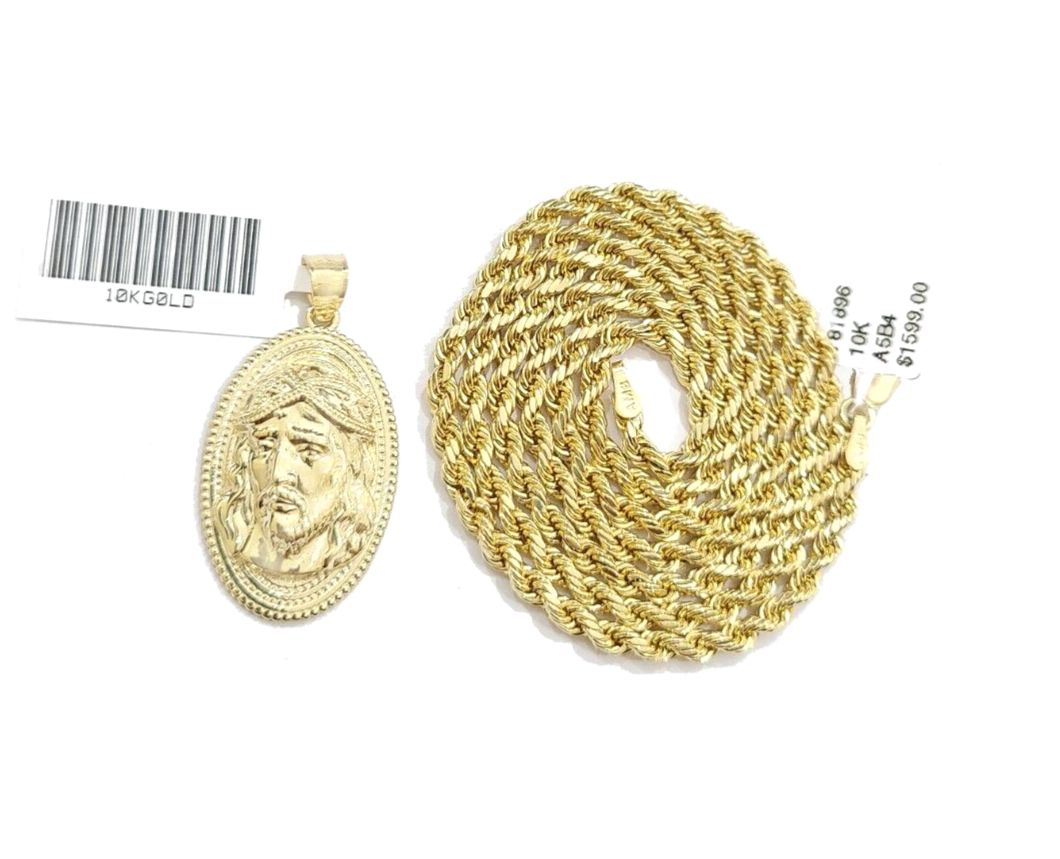 Real 10k Gold Rope Chain Jesus Head Charm SET Circular Pendant Necklace 3mm 26''