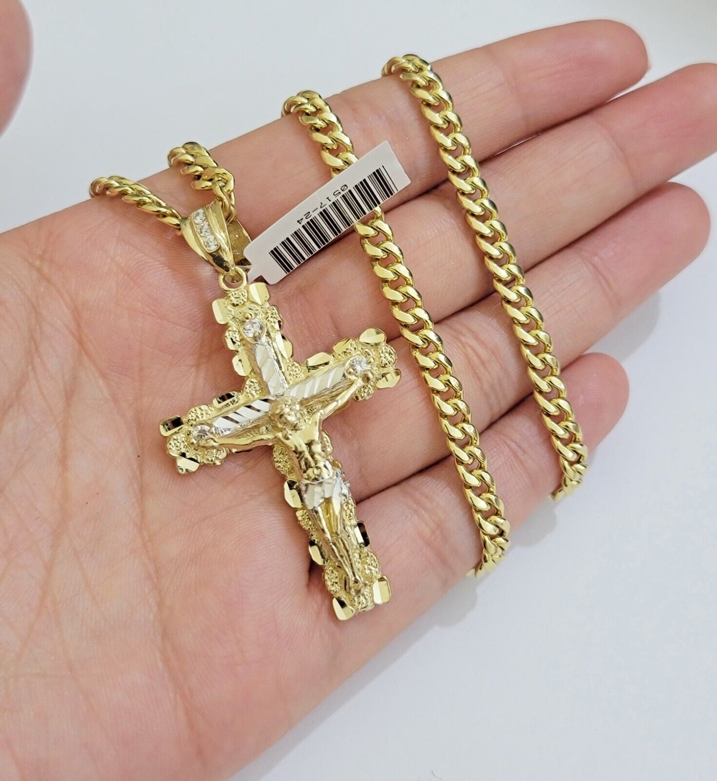 Real 10k Gold Cross Charm pendant Necklace SET 5mm Miami Cuban Link chain 18-28"