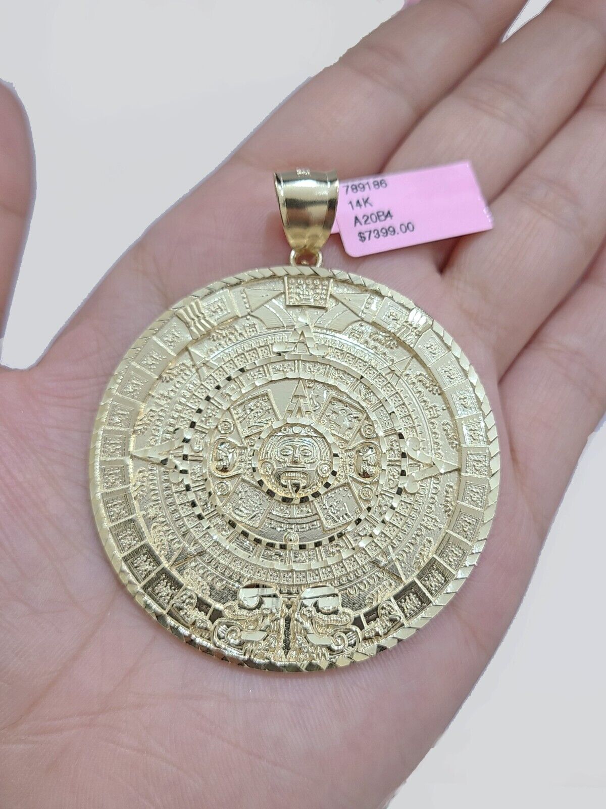 Real 14K Yellow Gold Aztec Calendar Charm Solid Pendant For Chain 14KT Necklace