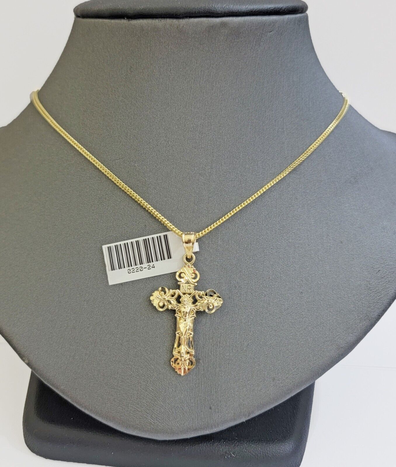 Real 10k Gold Franco Chain Jesus Cross Charm Pendant Necklace SET Men Women