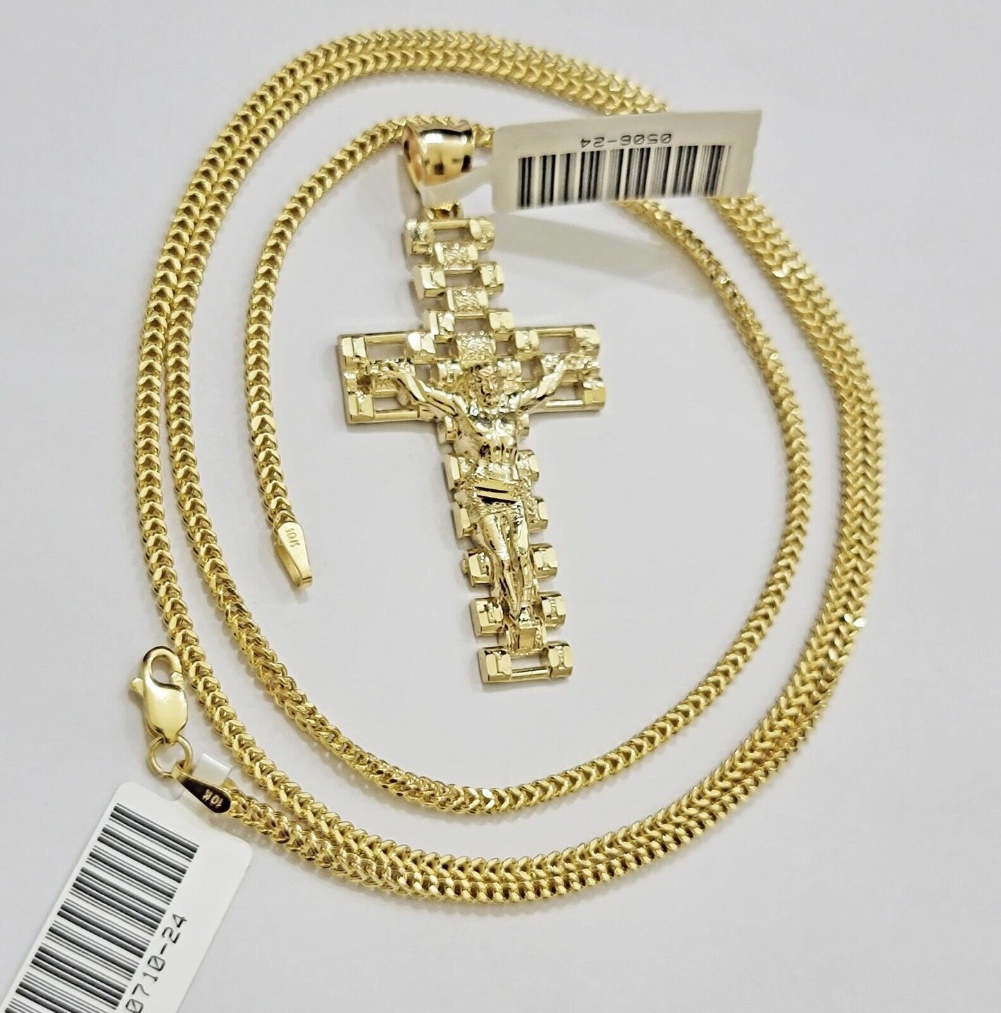 Real 10k Gold Franco Chain Cross Charm SET 18-24 Inch 2mm Necklace Jesus Pendant