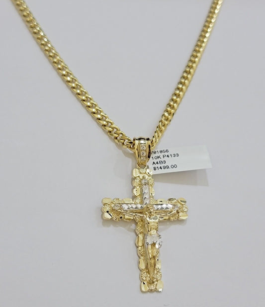 Real 10k Gold Cross Pendant Necklace 22 Inch SET Chain 5mm Miami Cuban Link 10KT