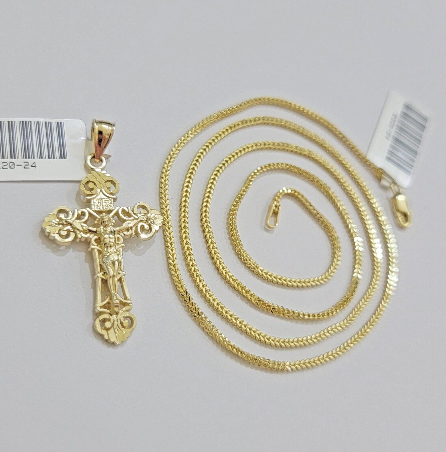 Real 10k Gold Franco Chain Jesus Cross Charm Pendant Necklace SET Men Women