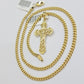 Real 10k Gold Necklace Chain Jesus Cross Charm Pendant SET 3mm Miami Cuban Link