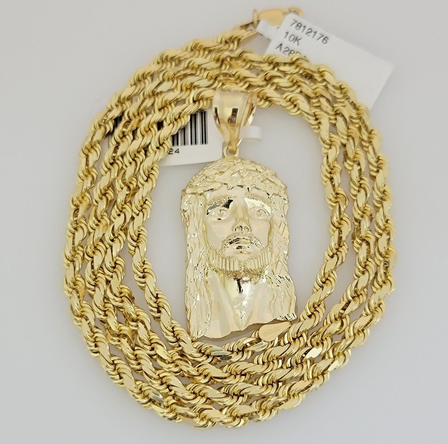 Real 10k Gold Rope Chain Pendant SET Jesus Face Charm Solid Necklace 4mm 26 Inch