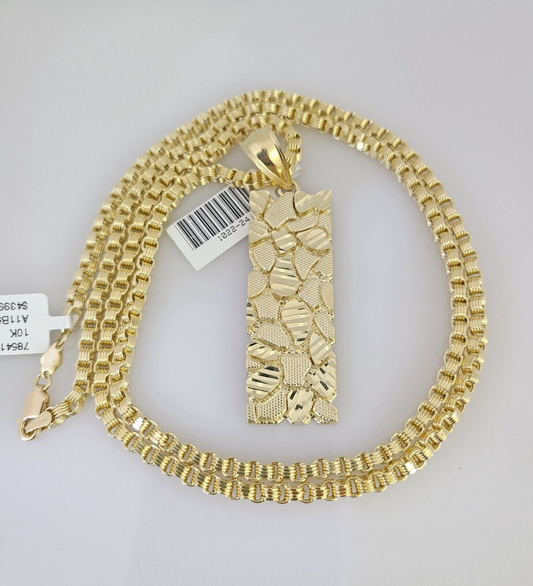 Real 10k Yellow Gold chain & Nugget Charm Pendant SET Necklace 3mm Byzantine 28"