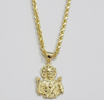 Real 10k Yellow Gold Rope Chain Charm Jesus Head Pendant SET 3mm Necklace