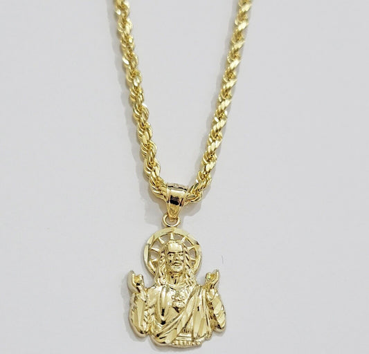 Real 10k Yellow Gold Rope Chain Charm Jesus Head Pendant SET 3mm Necklace