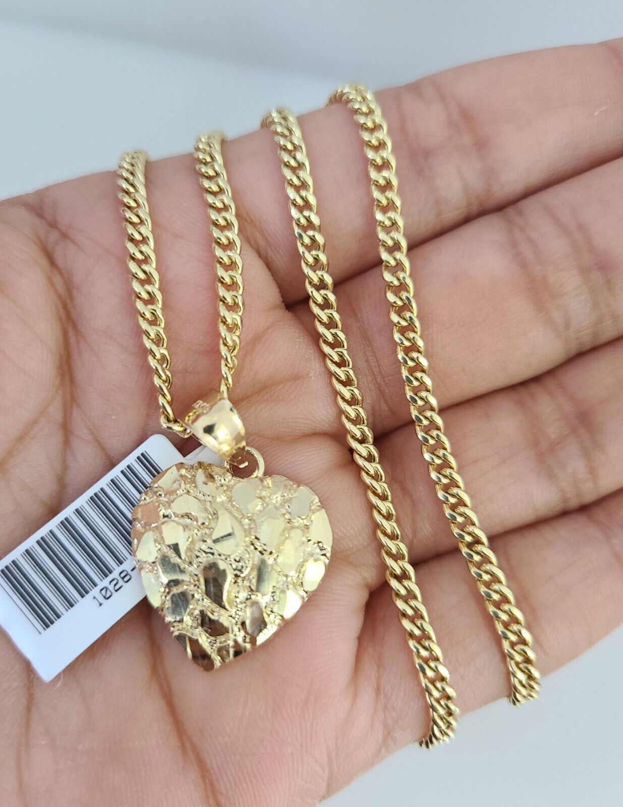 Real 10k Gold Chain Pendant SET Nugget Heart Charm Miami Cuban Link Necklace 2mm