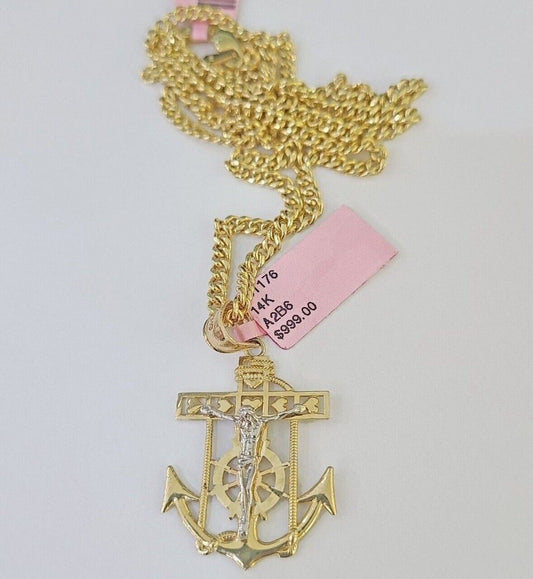 Real 14k Yellow Gold Jesus Anchor Charm Pendant &Miami Cuban Link Chain Necklace