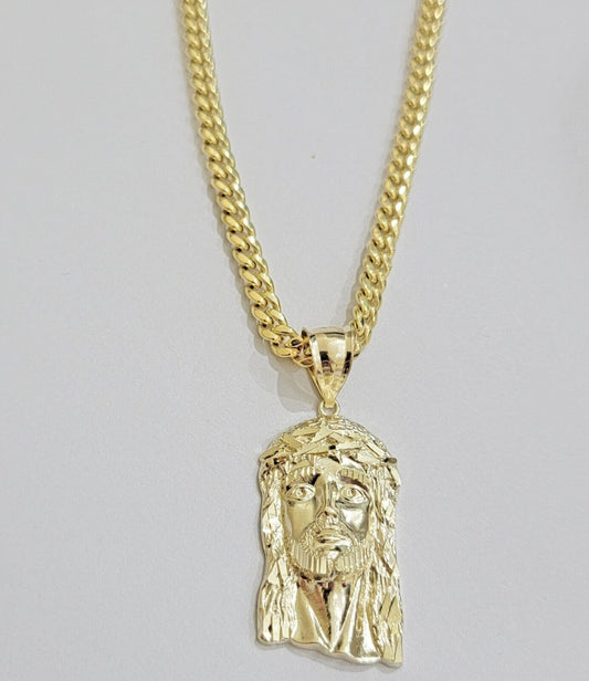 Real 10k Yellow Gold Jesus Head Charm Pendant & Miami Cuban Link Chain Necklace