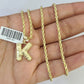 10k Gold Initial K Charm Rope Chain 16"-26" 2.5mm SET Necklace Alphabet Pendant