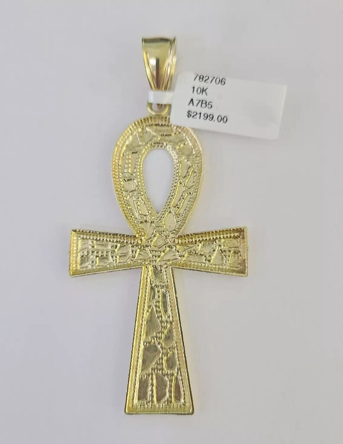 10k Yellow Gold Nugget Ankh Charm Pendant 2.75 Inch For Men's REAL 10KT Gold