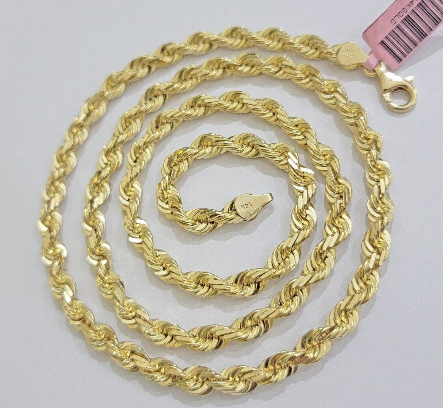 Solid 14k Gold Rope Chain Necklace 26 Inch 6mm Real 14kt Yellow Gold Diamond Cut