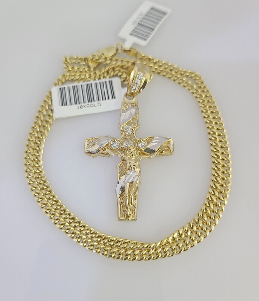 REAL 10k Yellow Gold Cuban Link Chain With Cross Charm Pendant, Necklace 3mm 24"