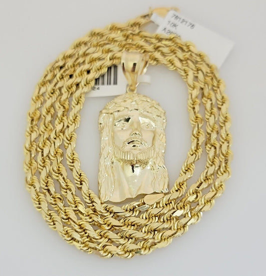 Solid 10k Gold Rope Chain Pendant SET Jesus Face Charm Necklace 4mm 20" Choker