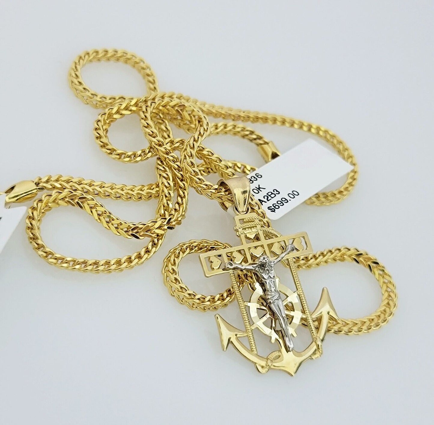 Real 10k Gold Chain Pendant Set Franco Necklace Anchor Cross Charm 2.5mm 18"-24"